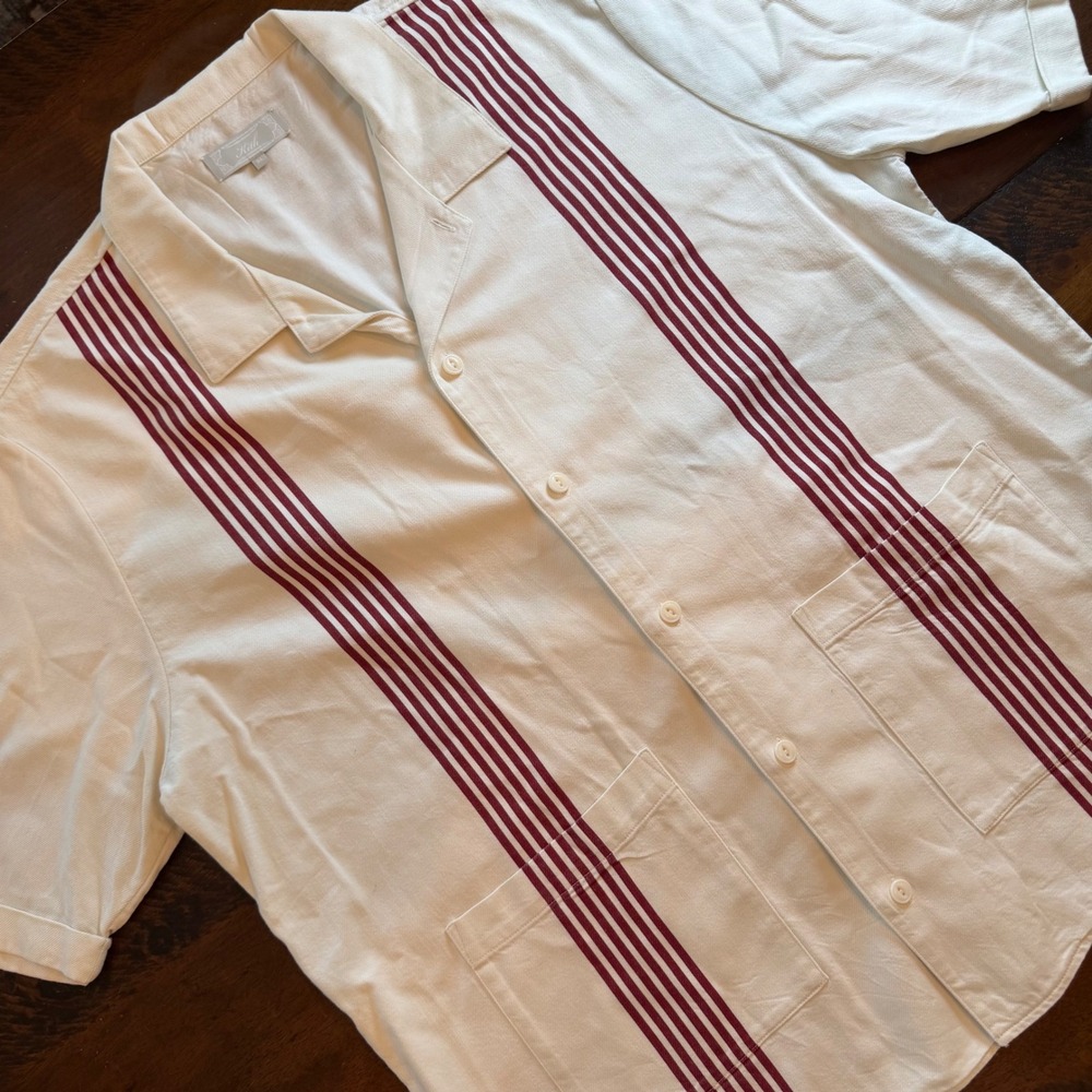 Kith Mens Summer 24 Racing Stripe Camp Shirt Cream Burgundy KHM032063 XL